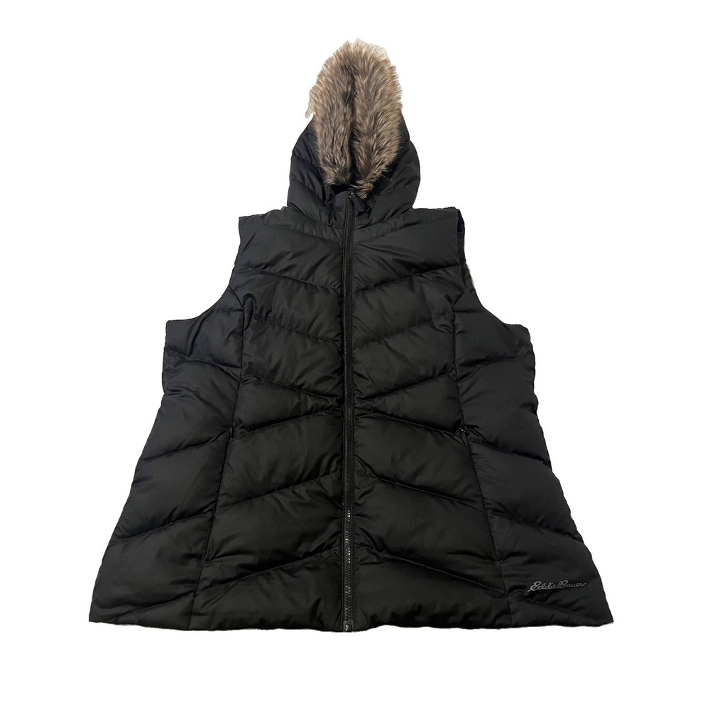 Eddie Bauer Womens Hooded Down Puffer Vest Size XL Black Full Zip Faux Fur Trim